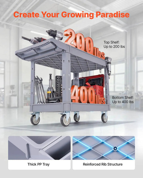Heavy Duty Rolling Utility Cart 550 Lb Capacity, 2 Tier Service Cart With 360 Degree Swivel Wheels And Brakes On Two Front Casters, Built Tough Plastic Trays, Garage Workshop Organizer Gray, 2-tier gray PP tray cart with tools and 550 lb load labels