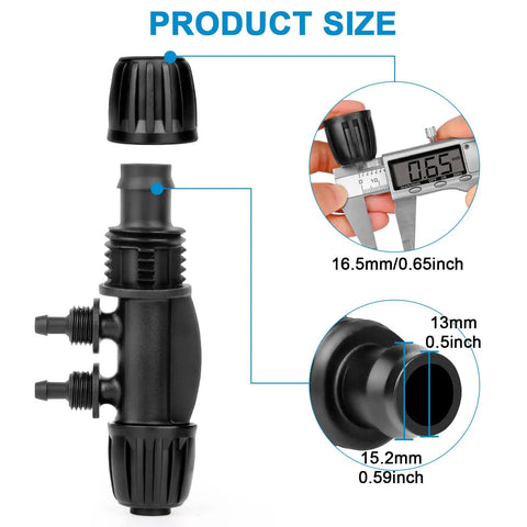 Product size comparison of 20Pcs 4-Way Barbed Tee Drip Irrigation Fittings Set For 1/2 Inch To 1/4 Inch Tubing Anti Drop Connectors.
