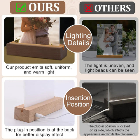 Comparison of 2 Pack 5x7 Sublimation LED Acrylic Photo Frames Night Lights Heart Shape With Warm Color Light And Wood Stand.