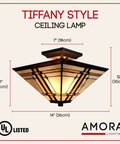 Mission Style 14 Inch Ceiling Fixture Lamp Semi Flush Mount With Wide Stained Glass In Tan Brown Antique Vintage Look