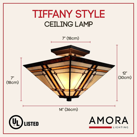 Mission Style 14 Inch Ceiling Fixture Lamp Semi Flush Mount With Wide Stained Glass In Tan Brown Antique Vintage Look