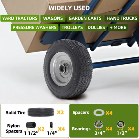 Beefy 10 Inch Solid Wheel Replacement Kit With Flat Free PU Run Flat Tire For 4.10/3.50-4 Wheels on a hand truck.