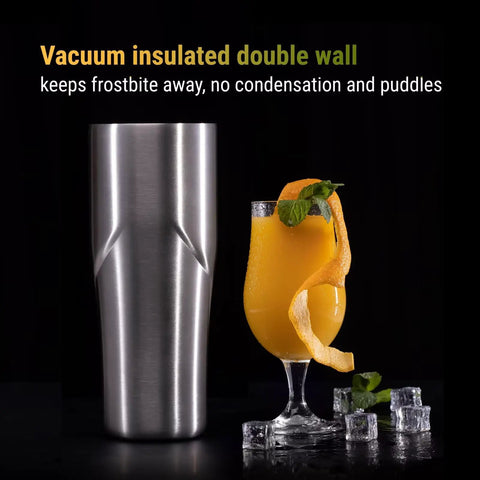 Boss Level Heavy Duty Double Wall Vacuum Insulated Cocktail Shaker Bottle next to an orange cocktail with mint garnish.