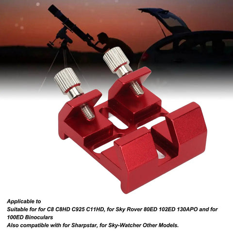 Sturdy Dovetail Base For Finder Scope And Telescope Finderscope Mount Bracket Dovetail Slot Plate That Fits C8 C8HD C925 C11HD 80ED 102ED 130APO 100ED And Other Telescopes Red showing aluminum alloy construction and thumbscrews
