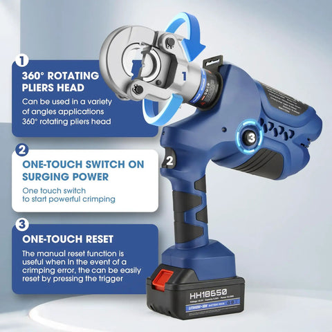Heavy Duty Electric Hydraulic Crimping Tool For Copper Aluminum Wires Rechargeable Lithium Battery Cable Lug Crimper with 360° rotating head.