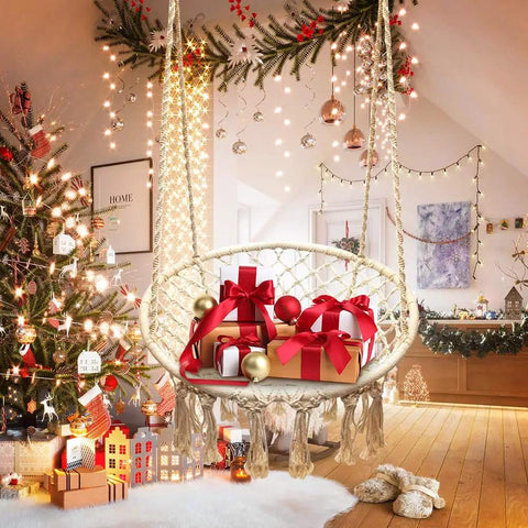 LED Macrame Hammock Chair For Indoor And Outdoor Use, Handmade Cotton Rope Swing With 12m LED String Lights, Large 55x75 Cm Comfort Seat