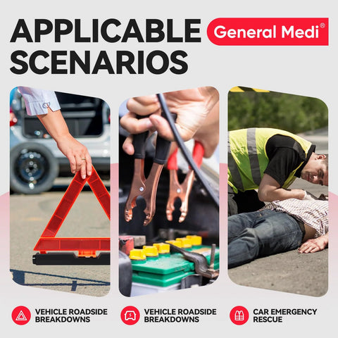 General Medi roadside car emergency kit: red warning triangle, jumper cables, and high-visibility safety vest