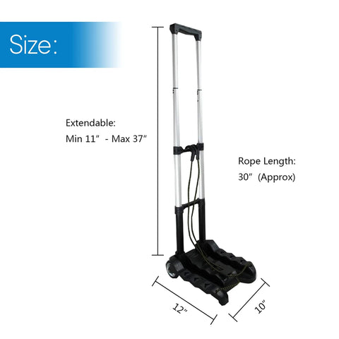 Folding Luggage Cart With Lightweight Aluminum Frame Collapsible Portable Dolly for travel, extendable 11-37 inches, black.