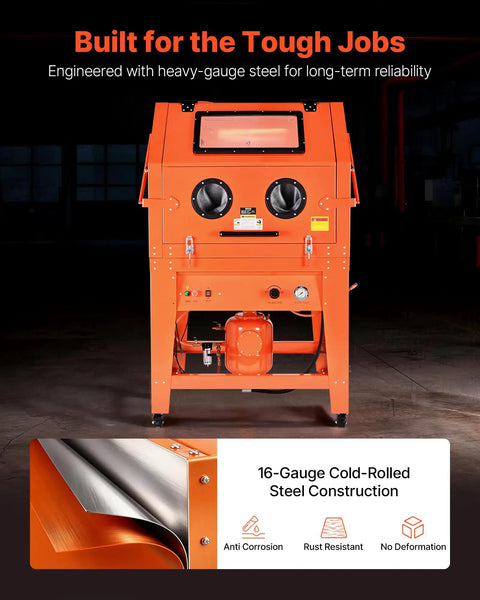 Front view of Heavy Duty Sandblasting Cabinet Kit With Pressurized Tank For Beefed Up Pro Grade Rust Removal And Surface Finishing.