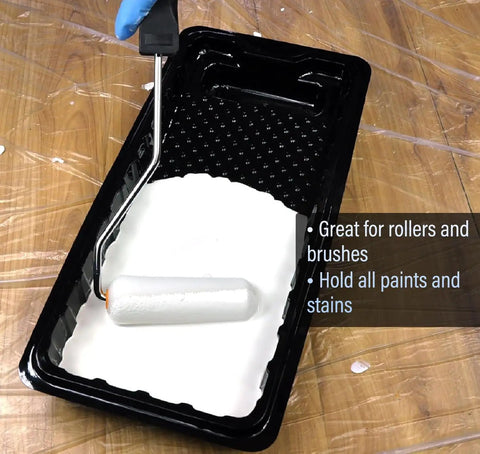 Disposable 4 Inch Paint Tray Liners 12 Pack Mini Plastic Trays Liner Set with paint roller, showing easy cleanup, no mess