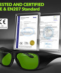 Heavy Duty Laser Safety Glasses Delivering Straight Up OD7 Plus Kick Against 800 To 1100 Nm Rays with certification documents.