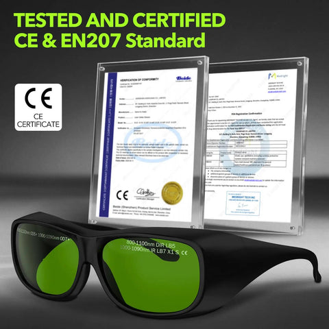 Heavy Duty Laser Safety Glasses Delivering Straight Up OD7 Plus Kick Against 800 To 1100 Nm Rays with certification documents.