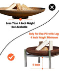Comparison showing fire pit with and without legs for use with Round Fire Pit Mat for Deck and Patio, 36 Inch Waterproof Floor Protector.
