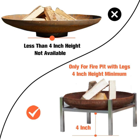 Comparison showing fire pit with and without legs for use with Round Fire Pit Mat for Deck and Patio, 36 Inch Waterproof Floor Protector.