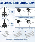 9 Way Slide Hammer Puller Set With 27 Piece Kit Heavy Duty Wheel Bearing Removal Tool showing external and internal jaws.