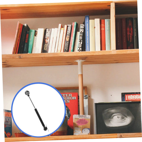 Gas spring hinge for soft-close cabinet doors; black cylindrical body with metal end fittings, inset close-up view
