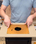 No Sweat Router Table Insert Plate Template Kit With Solid Density Board Quickset Threaded Inserts And Razor Sharp Flush Trim Blade For Standard Nine By Eleven Inch Garage Shop Builds positioned on workbench.