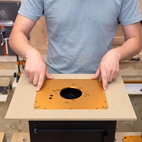 No Sweat Router Table Insert Plate Template Kit With Solid Density Board Quickset Threaded Inserts And Razor Sharp Flush Trim Blade For Standard Nine By Eleven Inch Garage Shop Builds positioned on workbench.