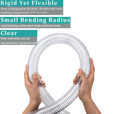 Hands holding Clear PVC Spiral Steel Reinforced Flexible Hose 1.5 Inch ID, 5 Feet Long, demonstrating flexibility and transparency.