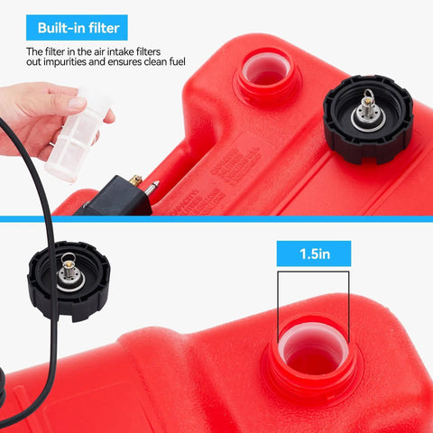 Close-up of 6 Gallon Marine Portable Boat Gas Tank With I Shaped Handle, showing built-in filter and 1.5-inch opening.