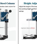 Heavy Duty Drill Press Stand For Hand Drill With Vise, Adjustable Benchtop Drill Press Stand For Precise Vertical Holes, shown from side, highlighting stainless steel column and adjustable height features.