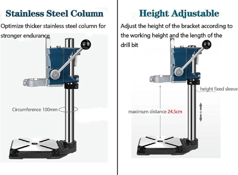 Heavy Duty Drill Press Stand For Hand Drill With Vise, Adjustable Benchtop Drill Press Stand For Precise Vertical Holes, shown from side, highlighting stainless steel column and adjustable height features.