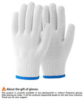 Two white knit gloves with blue cuffs displayed upright with a notice about gift batches in the image footer.