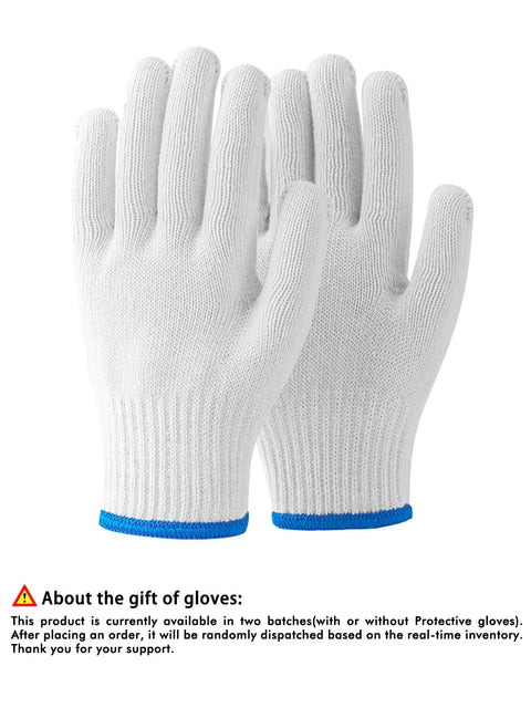 Two white knit gloves with blue cuffs displayed upright with a notice about gift batches in the image footer.