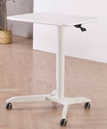 Slick Mobile Lectern Podium Stand With Smooth Roll Sit Stand Laptop Desk And Roomy Notebook Cart Build For Home Office Flex Workstations In Clean White Finish, featuring a white adjustable tabletop and rolling wheels.