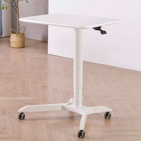 Slick Mobile Lectern Podium Stand With Smooth Roll Sit Stand Laptop Desk And Roomy Notebook Cart Build For Home Office Flex Workstations In Clean White Finish, featuring a white adjustable tabletop and rolling wheels.