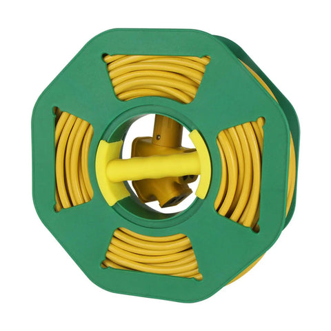 Sweet Compact Cord Reel With Quick Wind Handle And Heavy Duty Abs Build Making It An Easy Peasy Go To Cable Manager For Shops Or Households Adding Nifty Plug Storage And Anti Slip Grip For Zero Tangle Wire Organization, featuring yellow cables.