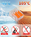50 Pack Compact Inline Wire Connectors Kit With No Fuss Push In Splice Nuts, 2 Port Design For 24-10 AWG Wiring, Safe Flame Retardant PC Material, High Temp Resistant, Ideal For Automotive And Home Electrical Projects.