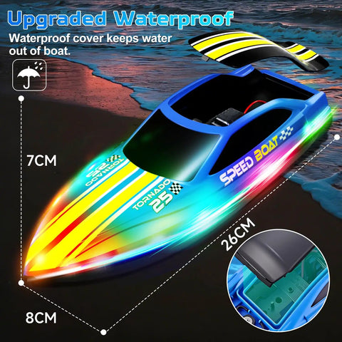 Two Pack RC Boat Set For Pools And Lakes, Self Righting Remote Control Boats With RGB Lights on beach showing dimensions