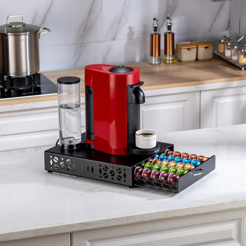 Dope Metal Nespresso Pod Holder Drawer For Vertuo 50 Pod Capacity Black Coffee Capsule Organizer with 5 columns on kitchen counter