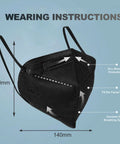 Kids KN95 Masks 25 Pack Black Five Layer With Adjustable Ear Loops showing dimensions and wearing instructions
