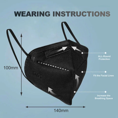 Kids KN95 Masks 25 Pack Black Five Layer With Adjustable Ear Loops showing dimensions and wearing instructions