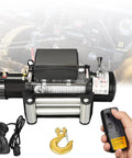 Heavy Duty 3500 Lbs Electric Winch For Trucks And Jeeps With Wireless Remote And Roller Fairlead showing steel rope and remote.