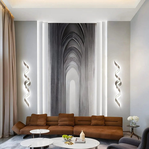 Living room with Dimmable Modern LED Vanity Light 32 Inch Spiral Design Over Mirror Wall Fixture For Bathroom Bedroom And Living Room, 20W, 6000K White Light, Horizontal Or Vertical Mount, Sleek Dope Contemporary Glow mounted on walls.