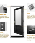 Heavy Duty 36 By 80 Inch Composite Fiberglass Prehung Entry Door With Thermally Insulated LowE Tempered Glass showing composite jamb, hinges, and lock hole.