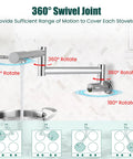 19 Inch Wall Mount Pot Filler Faucet with folding stretchable swing arm, stainless steel, polished chrome, 360-degree swivel joint