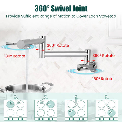 19 Inch Wall Mount Pot Filler Faucet with folding stretchable swing arm, stainless steel, polished chrome, 360-degree swivel joint