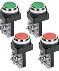 Four DPST 30mm Momentary Mushroom Head Push Button Switches in green and red, industrial control 1NO 1NC AC 250V 6A pack.
