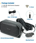Ultra Loud Mini Car External Speaker For CB Ham And Scanners, 5W, black with 3.5mm plug, 14.76 ft cable, mounting bracket, and screws.