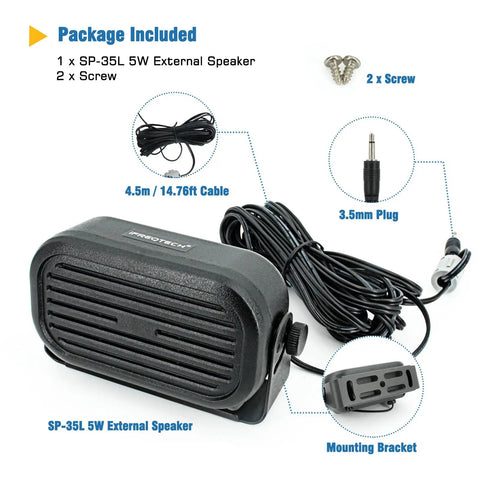 Ultra Loud Mini Car External Speaker For CB Ham And Scanners, 5W, black with 3.5mm plug, 14.76 ft cable, mounting bracket, and screws.