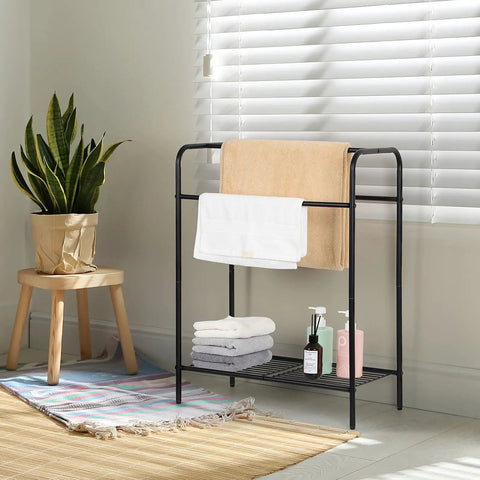 Freestanding 3 Tier Towel Rack Stand With Storage Shelf Black Metal Laundry Room Bathroom Organizer for Towels Linens and Blankets
