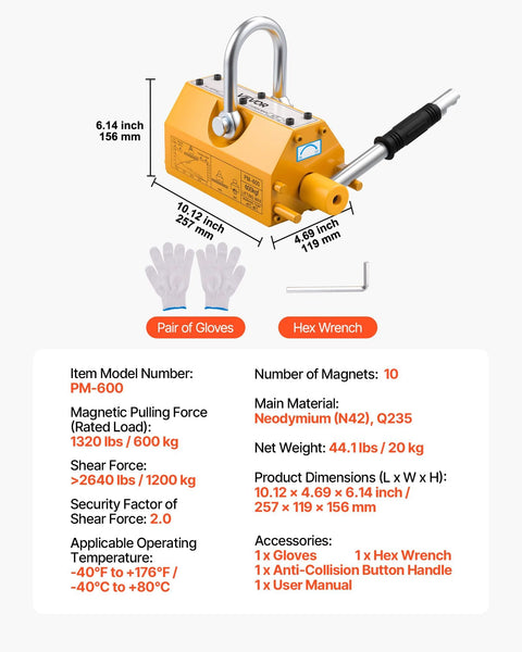VEVOR yellow permanent magnetic lifter with release handle and steel hook
