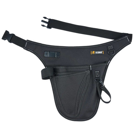 Garden Tool Organizer Belt With Four Pockets Multi Purpose Work Apron Pouch For Gardening Florists DIY Projects And Light Plumbing Heavy Duty Tool Carrier In Black, shown with adjustable strap and buckle.