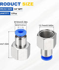 Five Pack Push To Connect Pneumatic Fittings For Five Thirty Second Inch Tube To One Quarter Inch NPT Female Adapter Nickel Plated Brass