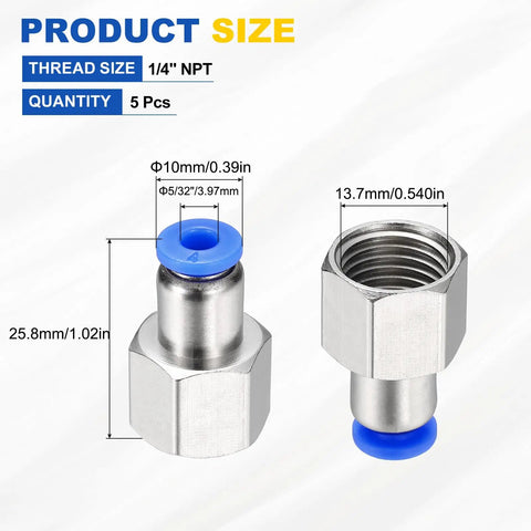 Five Pack Push To Connect Pneumatic Fittings For Five Thirty Second Inch Tube To One Quarter Inch NPT Female Adapter Nickel Plated Brass