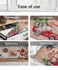 Holiday Dish Drying Mat For Kitchen Counter With Red Truck Cows Pine Trees Snowflakes Wood Grain Design displayed in use